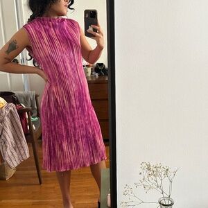 Sleeveless magenta pleated striped dress S